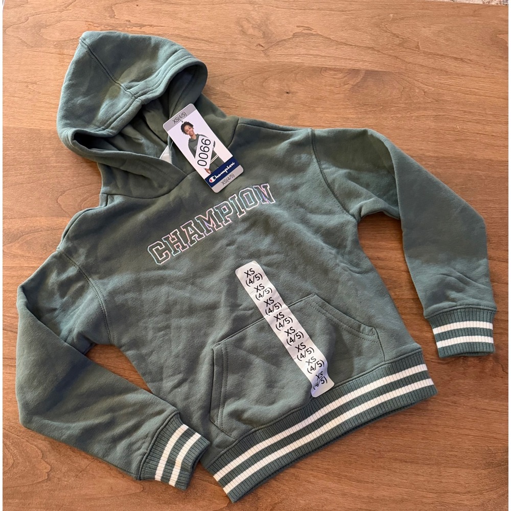 Champion Girls Green Varsity Logo Pullover Hoodie Sweatshirt XS 4/5 NWT